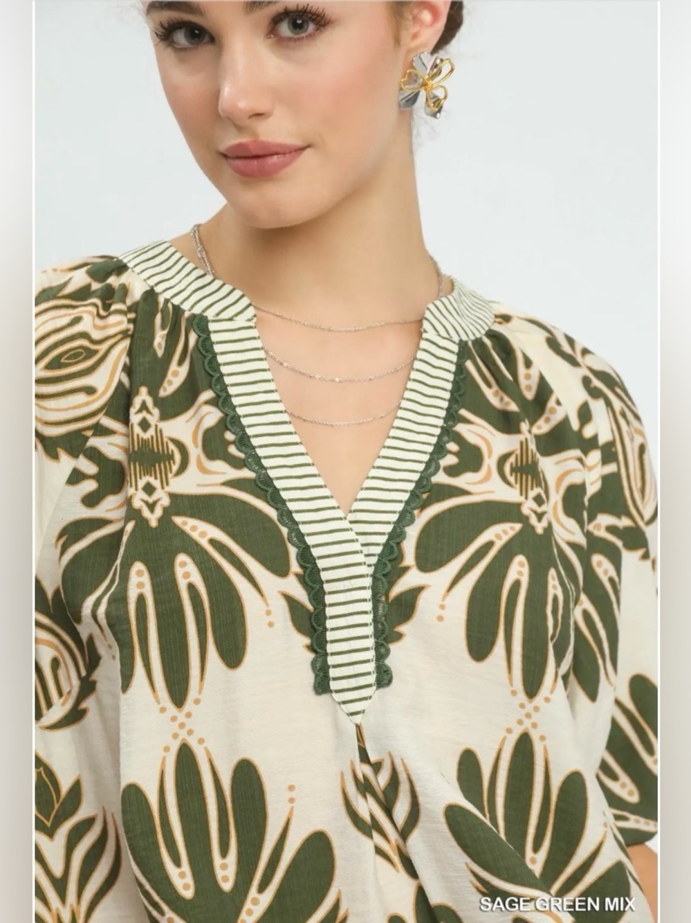 Umgee Mix Printed Puff Sleeve Top with Contrast Trim 🌿🛍️ - Picture 4 of 5